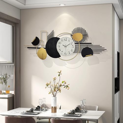 ERMOFAV Metal Wall Art, Black and White Decor for Living Room, Abstract Modern Creative Geometric Round Art Decor 57" × 23" Large 3D Wall Clock for Bedroom, Dining Room, Home Hanging Wall Sculpture