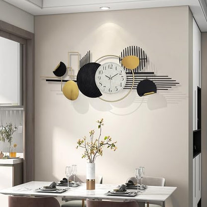 ERMOFAV Metal Wall Art, Black and White Decor for Living Room, Abstract Modern Creative Geometric Round Art Decor 57" × 23" Large 3D Wall Clock for Bedroom, Dining Room, Home Hanging Wall Sculpture