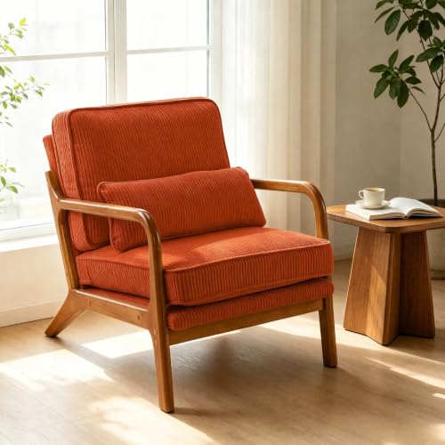 Karl home Mid-Century Modern Accent Reading Chair, Orange | Corduroy Upholstered, Solid Wood Frame, Soft Cushion, Lumbar Pillow, Lounge Armchair for Living Room, Bedroom, Balcony, Study - color: Corduroy Orange