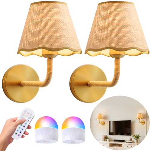 Set of 2 Stick on Battery Operated Wall Sconces with Remote, RGB bulbs | Dimmable Cordless No-Drill Renter Friendly Decor Wireless LED Wall Lamps for Bedroom Living Room Hallway - size: 2-Pack Stick on RGB