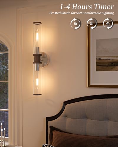 Rayogale Nickel & Walnut Wireless Battery Operated Wall Sconces with Remote | Glass Rechargeable Wall Lights Set of 2 with Timer Function Dimmable for Living Room Bedroom Emergency 3000K, 20.5 Inch - color: Nickel & Walnut(Clear Tubular Lampshade)