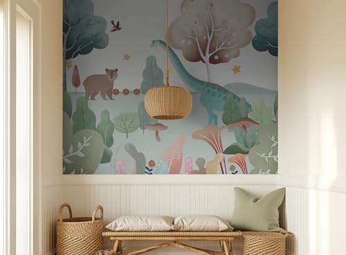 ASJ Dinosaur Peel and Stick Wallpaper Mural, Nursery Woodland Mint Green | Seamless edge-to-edge match. Bear mushroom nature artwork, 118x78 in, premium fabric, boys girls room playroom. - color: mint green, size: 118" x 78"