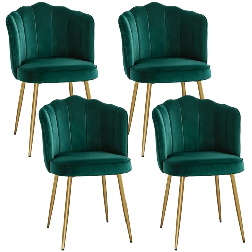 VECELO Velvet Dining Chairs Set of 4, Modern Upholstered Kitchen Chairs with Thick Cushions, Curved Padded Backrest and Metal Legs, for Kitchen, Dining Room, Living Room, Green - color: Green, size: Set of 4