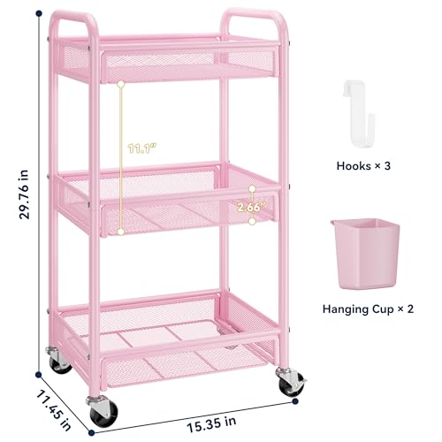 3 Tier Metal Rolling Cart, Pink Utility Storage Cart with Wheels | Metal Mesh Craft Cart With Hooks & Hanging Cups, Ideal For Kitchen, Bathroom, Office, Dorm, Art Workspace, Bedside Storage - color: Pink