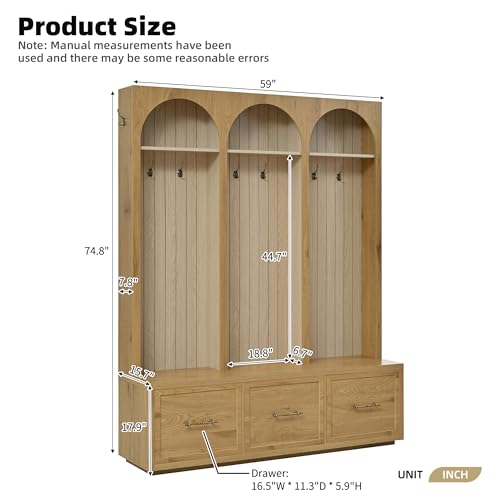 JIVOIT Farmhouse Hall Tree with Three Arched Design, All-in-One Design Wooden Coat Rack & Shoe Organizer with 3 Drawers, 59" Wide Entryway Bench with 8 Retro Hooks for Mudroom, Living Room - color: Oak//538