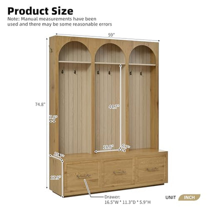 JIVOIT Farmhouse Hall Tree with Three Arched Design, All-in-One Design Wooden Coat Rack & Shoe Organizer with 3 Drawers, 59" Wide Entryway Bench with 8 Retro Hooks for Mudroom, Living Room - color: Oak//538