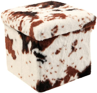 Luxe Faux Fur Storage Ottoman, Cowhide Brown/White, 12 x 12 x 12 in | Engineered Wood, Tool-Free Assembly, Modern Style, Seat And Footrest - color: Cowhide Brown/White, size: 12"D x 12"W x 12"H
