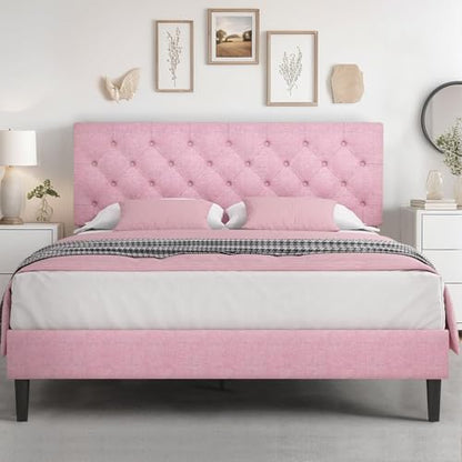 HOMBCK Queen Bed Frame, Pink Upholstered Bed Frame Queen with Headboard, Wood Slats Support, Linen Fabric, Button Tufted Design, No Box Spring Needed, Pink - color: Pink, size: Queen