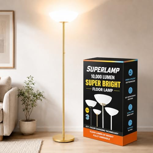 Modern Floor Superlamp 10000 Lumen - LED 75W, Dimmable 5 Changing Color, 85 CRI All Around Light, Tall Corner Standing Lamp with Cement Base and Acrylic Shade, Glare Free UpLight Kit Ready - Gold - color: Gold