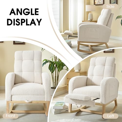 NIOIIKIT Modern Nursery Rocking Chair, Teddy Upholstered Rocking Chair with Footrest, Comfortable Rocker Chair with Side Pocket, Rocker Chair for Living Room, Bedroom, Nursing Room (White) - color: White