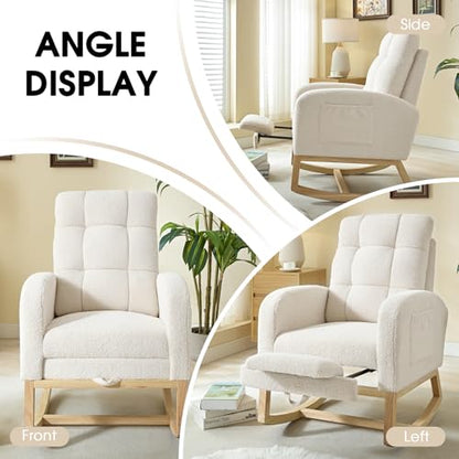 NIOIIKIT Modern Nursery Rocking Chair, Teddy Upholstered Rocking Chair with Footrest, Comfortable Rocker Chair with Side Pocket, Rocker Chair for Living Room, Bedroom, Nursing Room (White) - color: White