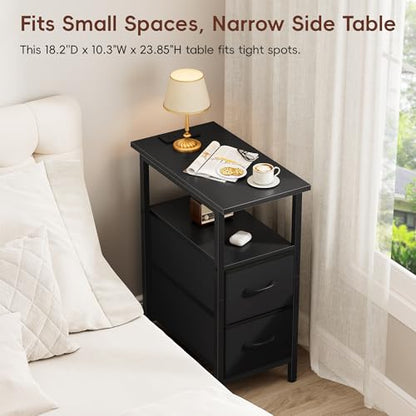 Set of 2 Black Nightstand with Charging Station and LED Lights, Narrow Side Table, LED Night Stand with 2 Fabric Drawers, Bedside Table Small End Table, Tall Nightstand for Bedroom, Black - color: Black, size: 2, style: With LEDs