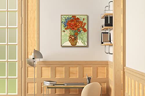 Wieco Art Framed Wall Art of Red Poppies and Daisies by Vincent Van Gogh Paintings Reproduction Abstract Canvas Prints for Home Living Room Decorations Bronze Gold Frame - size: 24"L x 20"W