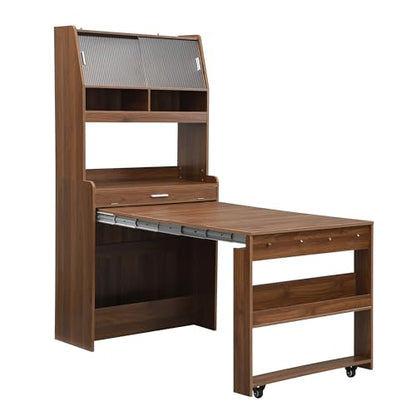RuiSiSi Space Saving Folding Dining Table for 2-4, Farmhouse Buffet with Hutch and Storage Shelves, Multifunctional Cupboard with Side Hooks for Small Space, Studio, Apartment, Walnut - color: Walnut