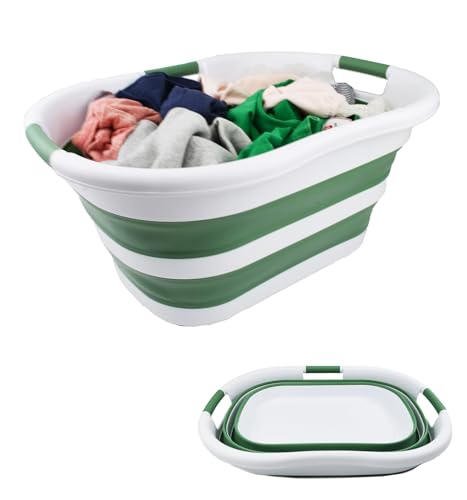 SAMMART 40L (10.5 gallon) Collapsible Plastic Laundry Basket - Foldable Pop Up Storage Container/Organizer - Portable Washing Tub - Space Saving Hamper/Basket (1, White/Dark Sea Green) - color: White/Dark Sea Green