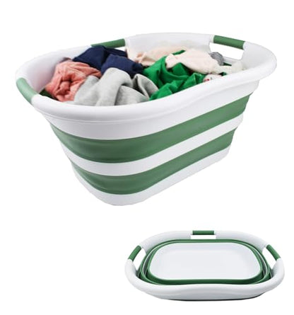 SAMMART 40L (10.5 gallon) Collapsible Plastic Laundry Basket - Foldable Pop Up Storage Container/Organizer - Portable Washing Tub - Space Saving Hamper/Basket (1, White/Dark Sea Green) - color: White/Dark Sea Green