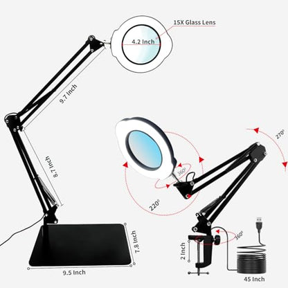 15X Magnifying Glass Desk Lamp, LED Desk Lamp with Base and Clamp, 5 Color Mode, 10 Stepless Dimmable, 84 Leds, 4.2" Diameter Real Glass Lens Magnifying Glass Lamp for Reading Close Work Repair Sewing