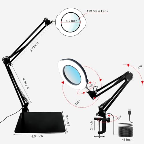 15X Magnifying Glass Desk Lamp, LED Desk Lamp with Base and Clamp, 5 Color Mode, 10 Stepless Dimmable, 84 Leds, 4.2" Diameter Real Glass Lens Magnifying Glass Lamp for Reading Close Work Repair Sewing