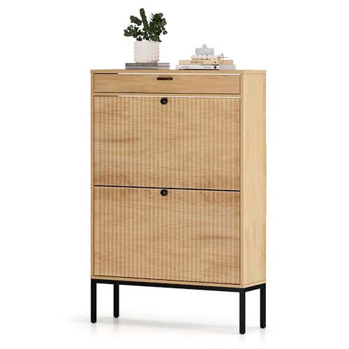 Shoe Cabinet, Shoe Storage Organizer Cabinet with 2 Flip Wavy Line Drawers, Freestanding Shoe Rack with Adjustable Shelf for Entryway, QH242-1 - color: Wavy Line-oak