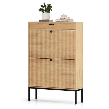 Shoe Cabinet, Shoe Storage Organizer Cabinet with 2 Flip Wavy Line Drawers, Freestanding Shoe Rack with Adjustable Shelf for Entryway, QH242-1 - color: Wavy Line-oak