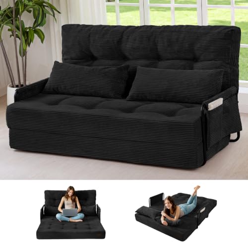 MAXYOYO Adjustable Folding Sofa Bed Couch with 2 Pillows, Black | Multi-Functional Bean Bag Bed, 5-Position Foldable Lazy Floor Sofa Bed with Armrest, Versatile Floor Seating for Reading - color: Black