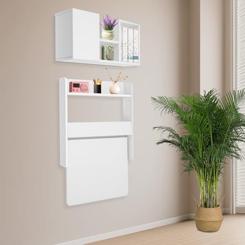Wall Mounted Folding Desk, Solid Wood Floating Laptop Desk with Wall Mounted Bookshelf for Living Room Coffee Shop Apartments, 88lbs Table Load-Bearing (White) - color: White