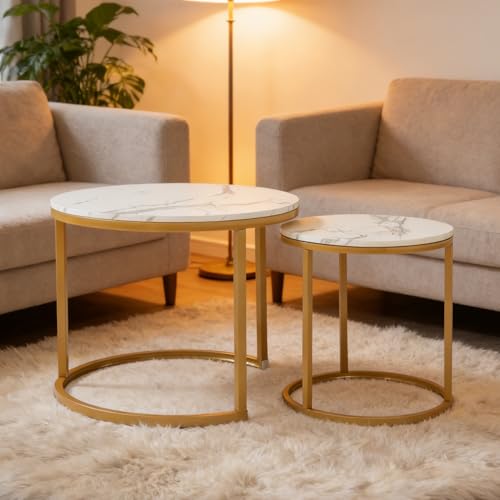 Nesting Side Tables, Coffee Table Set of 2 with Sturdy Metal Frame, Modern Industrial Simple Nightstand for Living Room Bedroom Apartment (White+Gray) - color: White+gray