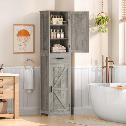 TEENFON Tall Bathroom Cabinet, Storage Cabinet with 6 Shelves & Drawer, Bathroom Storage Cabinet with Adjustable Shelves, Tall Cabinet for Living Room, Home Office, Grey - color: Grey