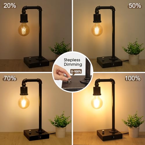 Industrial Table Lamp, Vintage Bedside Lamp with USB C and USB A Charging Ports, Dimmable Steampunk Office Lamp Metal Pipe Edison Reading Lamps for Bedroom, Dorm, Farmhouse Decor 6W LED Bulb Included - color: Black