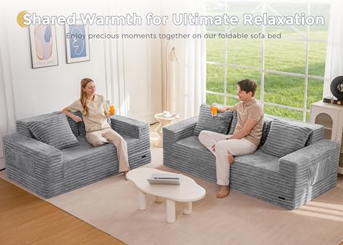 MAXYOYO Sofa Bed, 80-Inch Oversized Boneless Loveseat, 2 Cup Holders | Striped Grey 4-in-1 Boneless Couch Converts Into a Floor Sofa or Chair; Sofa-in-a-Box Design Requires No Assembly. - color: Striped Grey, size: Oversized(80" Length)