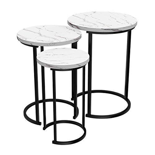 Lavish Home Round Nesting Tables Set of 3, Faux Marble Tabletop, White | 25”H / 22.5”H / 20.25”H Modern Side Tables, Space Saving Accent Table Set, for Living Room, Bedroom, Dorm or Home Office - color: White Marble