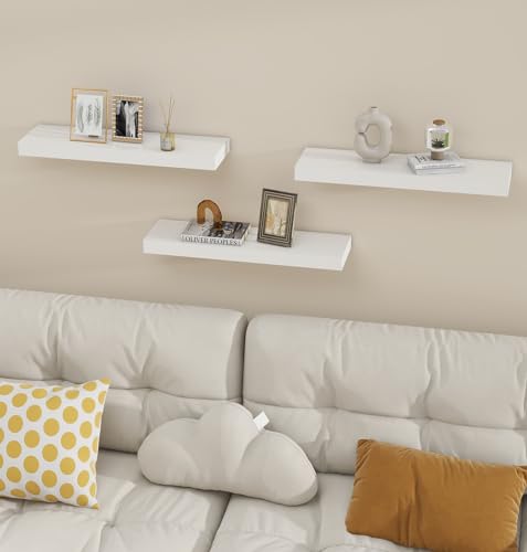 Vervida® White Rustic Floating Wall Shelves 24in Set of 3 Hidden | 3 White Floating Shelves 24in for Living Room, Rustic Wood Invisible Brackets, Home Decor Display Storage Deep Wall Shelves - color: White, size: 24x5.8