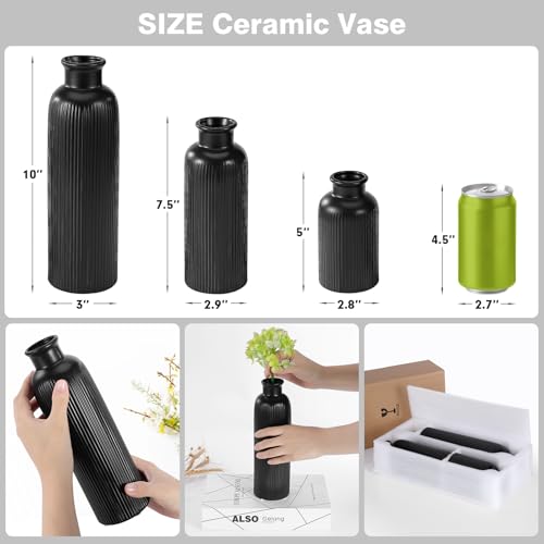Small Black Ceramic Vase Set of 3, Boho Modern Black Flower Vase Room Decor, Farmhouse Decor, Vases for Your Kitchen, Bathroom, Bedroom, Living Room, Office&Shelf Centerpiece Table Decorations - color: Black