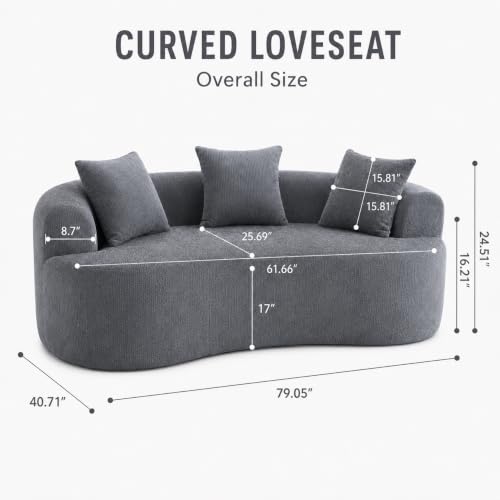 80" Curved Loveseat for Small Spaces, Grey Curved Couches for Living room | Compression Sofa in a Box with 2 Pillows, Small Couch for Bedroom with Wide Armrest & Memory Foam, No Assembly Required - color: Grey, size: 80 Inch