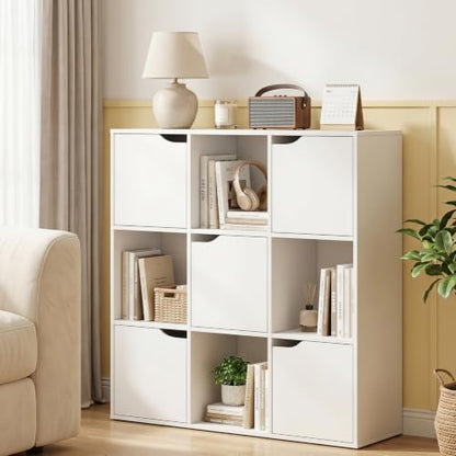 Giantex 9-Cube Storage Organizer, Storage Cabinet with 4 Open Cubes and 5 Cabinets, Freestanding Wooden Cubby Bookcase, Compartment Units for Home Office, 3-Tier Bookshelf for Books | Wooden Storage Cabinet, 4-Tier Freestanding Cubby Bookcase, Compartment