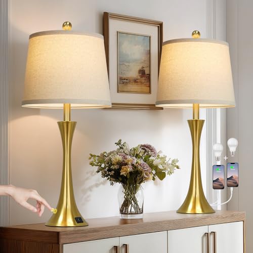 Rinweey 27.5" Gold Lamps Set of 2, Touch Control 3-Way Dimmable Bedside Nightstand Lamps Bedroom Lamp,Modern Gold Table Lamp with USB A+C Ports,Tall Lamps for Living Room End Table Home Office - color: Gold