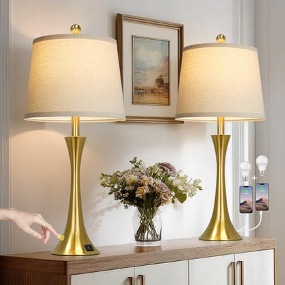 Rinweey 27.5" Gold Lamps Set of 2, Touch Control 3-Way Dimmable Bedside Nightstand Lamps Bedroom Lamp,Modern Gold Table Lamp with USB A+C Ports,Tall Lamps for Living Room End Table Home Office - color: Gold