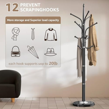 HzTinT Heavy Duty Coat Rack with Marble Base, 12 Hooks, Adjustable Heights | Freestanding Coat Tree, Metal Coat Stand, For Coats, Bags & Hats in Entryway, Black