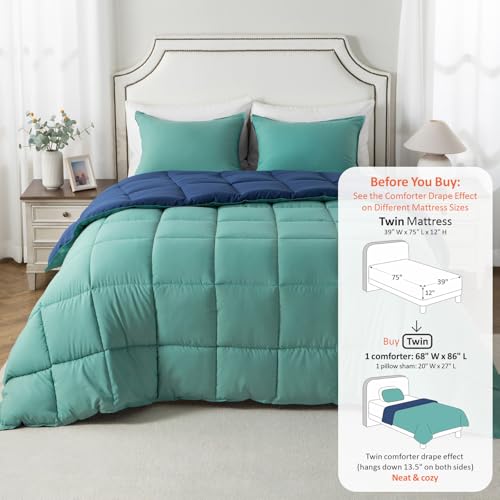 KASENTEX Twin/Twin XL Comforter Set – Reversible Dual Color – Goose Down Alternative – Ultra-Soft, Lightweight, Machine Washable, Fluffy, All Season Warmth (Turquoise Sea Green/Twilight Blue) | 250 GSM Fill, Ultra-Soft, Lightweight, Machine Washable, 1 Co