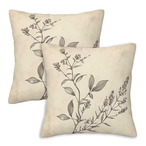 Firmiso Vintage Botanical Throw Pillow Covers 18x18 Set of 2 | Farmhouse Floral Decorative Cushion Covers for Couch Sofa Bed | Minimal Neutral Home Decor Pillow Cases | Beige Green Accent - color: Vintage Botanical