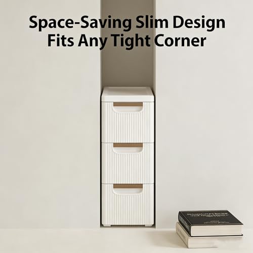 Storage Drawers on Wheels, 3-Drawer Slim Rolling Storage Cart with 4 Casters, Narrow Plastic Organizer for Bathroom Bedroom Kitchen Classroom, Space-Saving Mobile Cabinet