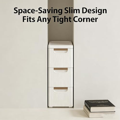 Storage Drawers on Wheels, 3-Drawer Slim Rolling Storage Cart with 4 Casters, Narrow Plastic Organizer for Bathroom Bedroom Kitchen Classroom, Space-Saving Mobile Cabinet