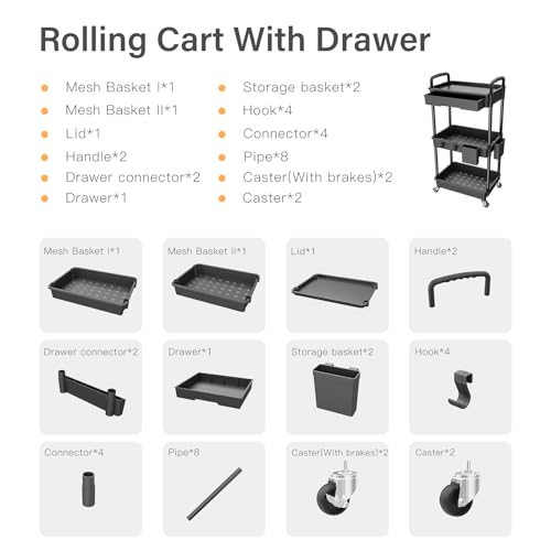 3 Tier Rolling Utility Cart with Drawer,REBECAT Utility Cart Made of Multifunctional Storage Organizer Tool for Kitchen,Bathroom,Living Room,Office(Black) - color: Black