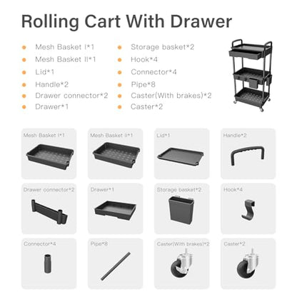3 Tier Rolling Utility Cart with Drawer,REBECAT Utility Cart Made of Multifunctional Storage Organizer Tool for Kitchen,Bathroom,Living Room,Office(Black) - color: Black