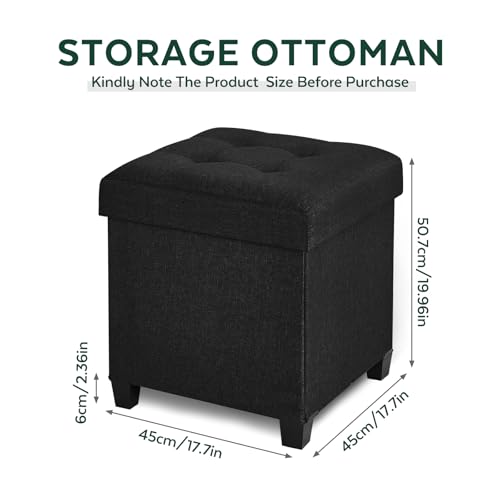 Ottoman with Storage, Square Storage Ottoman for Dorm, Linen Ottomans with Legs for Living Room, Bedroom, 17.7" D x 17.7" W x 19.9" H, Black - color: Black, size: 17.7"D x 17.7"W x 19.9"H