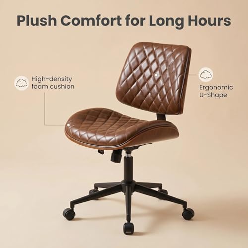 Furnimart Wooden Armless Desk Chair with Wheels, 360° Swivel Faux Leather Vanity Chair for Bedroom, Small Office Computer Task Chair for Home & Compact Spaces (PU Brown) - color: Pu-brown