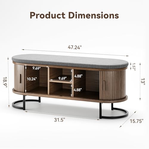 Decofy 47.2'' Entryway Storage Bench Seat with Sliding Door, Large Shoe Bench with Sturdy Metal Feet & Soft Cushion, Multi-Scene Use for Entrance, Bedroom & Living Room（Walnut） - color: Walnut