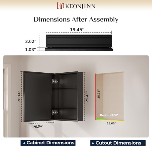 Keonjinn Matte Black Medicine Cabinet Mirror 20 x 26, Adjustable Shelves | Assembly Needed, Wall-Mounted or Recessed Bathroom Medicine Cabinet, Lightweight Aluminum, Safety HD Tempered Glass - color: Black, size: 20x26 In
