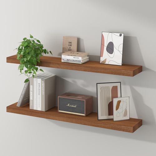 SAUMONIERES Floating Wall Shelves for Bedroom Bathroom Wall Mounted Solid Wood 36 Inches Long Shelf Set of 2, Walnut Floating Shelves - color: Walnut, size: 36 Inch-2 shelves
