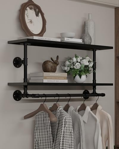 Clothes Rack 36in, 2-Tier Wall Mounted Garment Rack with Real Wood Shelf, Heavy Duty Hanging Clothes Rack, Multi-Purpose Hanging Rod, Space-Saving Closet Storage - color: Black, size: 2T36IN